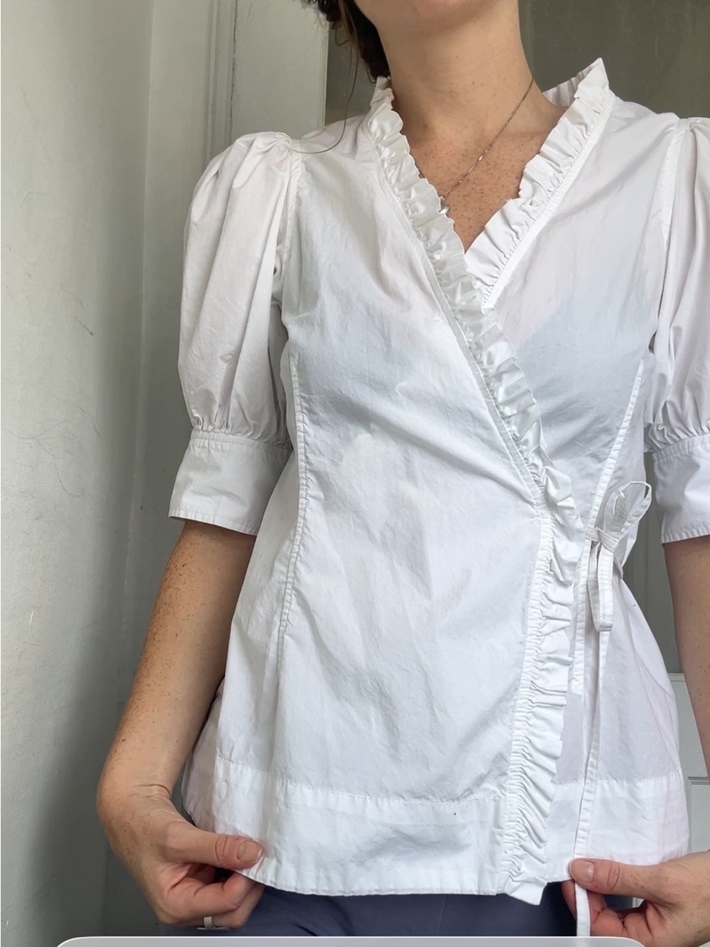 GANNI White Ruffle Wrap Cotton Puffed sleeve Blouse